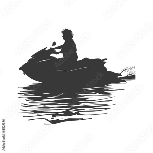 Silhouette of woman riding jet ski with water reflection.