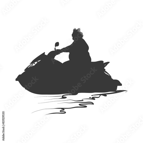 Silhouette of Woman on Jet Ski, Dark Water Reflection, Isolated White Background.