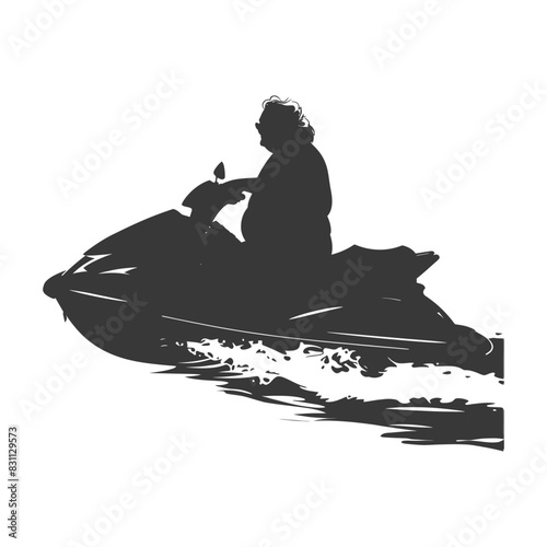 Silhouette of a curvy woman riding a jet ski, water splashing.