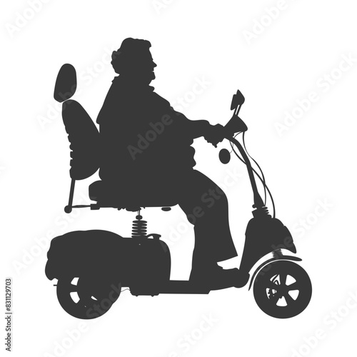 Silhouette: Elderly Woman Riding Motorized Mobility Scooter.
