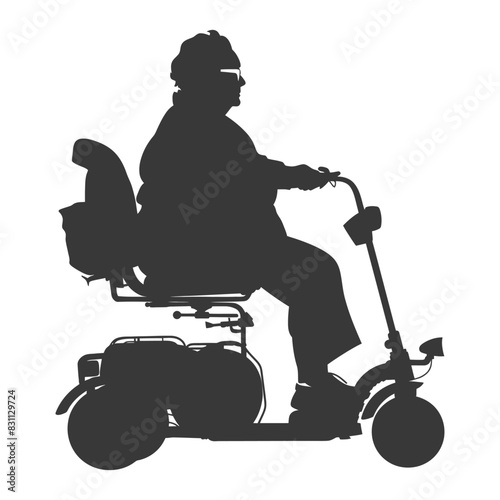 Elderly Silhouette on Mobility Scooter, White Background.