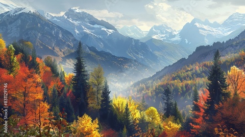 Scenic autumn view with pastel mountains and a valley filled with colorful trees.