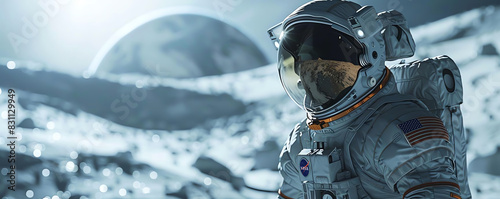 Astronaut on the lunar surface, wearing a spacesuit with Earth in the background under a starry sky, exploring the moon's terrain.