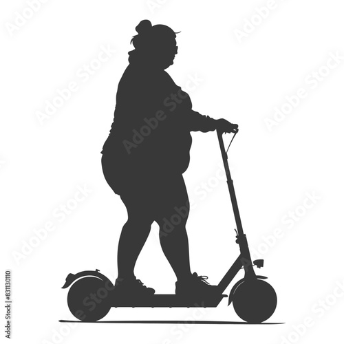 Silhouette of plus-size woman riding electric scooter, minimalist modern transport.