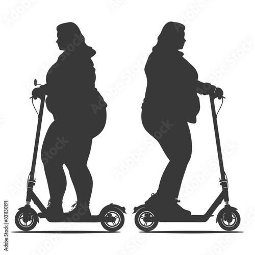 Silhouette Duo: Overweight Women on Electric Scooters, Modern Mobility.