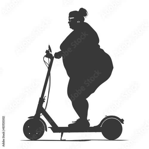 Silhouette of plus-size woman riding electric scooter, urban mobility.