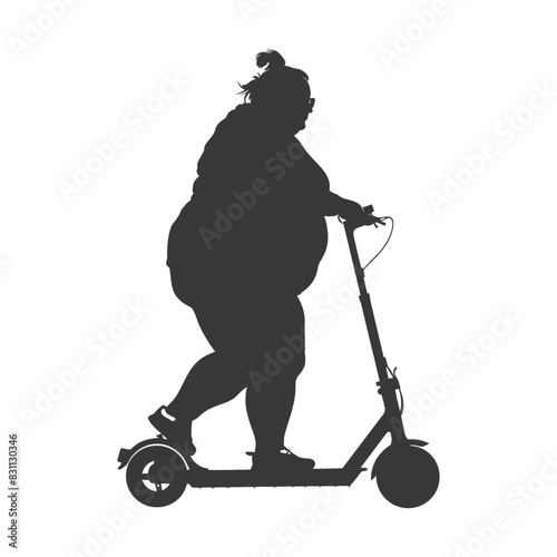 Silhouette of plus-size woman riding electric scooter, personal transportation, urban mobility.
