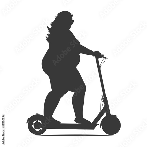 Silhouette of an Overweight Woman Riding an Electric Scooter.
