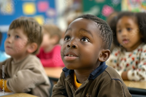 A classroom activity where children of different races and abilities are engaged in learning. 