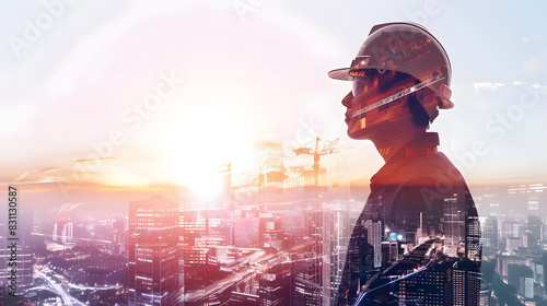 stylish architect in hard hat surveying cityscape. double exposure  futuristic skyline background. space for your construction message. wide  sunset effect. generative ai
