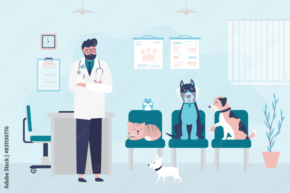 Veterinary clinic, doctor examining, vaccination, health care for pets. Veterinarian doctor examines sick domestic animals. Vet clinic room interior, animal care Veterinary clinic, doctor examining, vaccination, health care for pets. Veterinarian doctor examines sick domestic animals. Vet clinic room interior, animal care