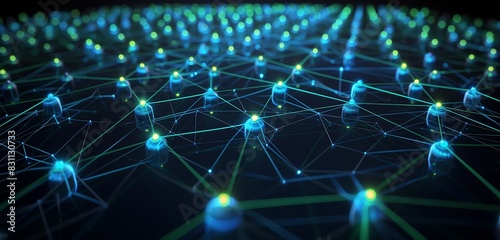 A visualization of a complex network of glowing blue and green nodes connected by digital threads  symbolizing secure connections in a cybersecurity network  under dark ambient lighting.