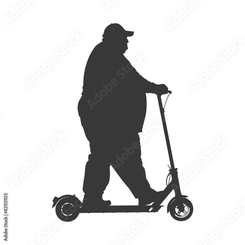 Silhouette of Overweight Man on Electric Scooter, Isolated on White.