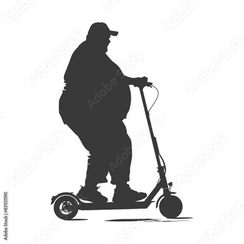 Silhouette of Overweight Man on Electric Scooter Against White Background.