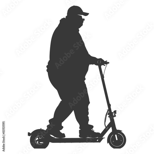 Silhouette of Overweight Man Riding Electric Scooter.