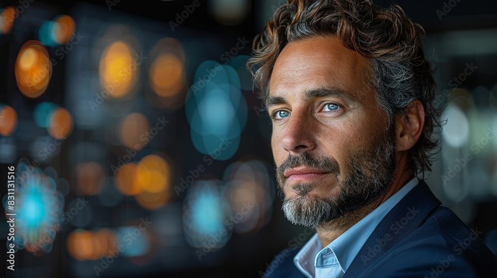 A businessman’s profile combined with a background of quantum processors and digital code, representing his involvement in cutting-edge tech. Minimal and Simple style A businessman’s profile combined with a background of quantum processors and digital code, representing his involvement in cutting-edge tech. Minimal and Simple style