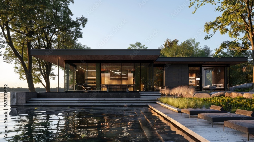 Exterior view of a minimalist lakeside retreat, with floor-to-ceiling windows, sleek architecture, and minimalist landscaping, blending with the natural surroundings