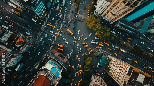 Top down view of road intersection with crowded vehicles in Jakarta city