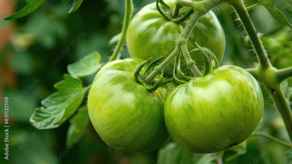 Green unripe tomatoes hanging on a vine in a garden Green unripe tomatoes hanging on a vine in a garden