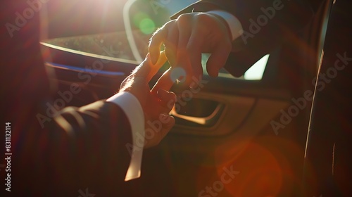 Businessman hands and chauffeur by car door for travel accommodation designated driver or commute Hand of male person on vehicle handle in professional transport service business class : Generative AI