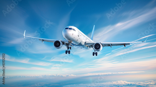 Commercial Airplane Flying in Clear Blue Sky with Clouds