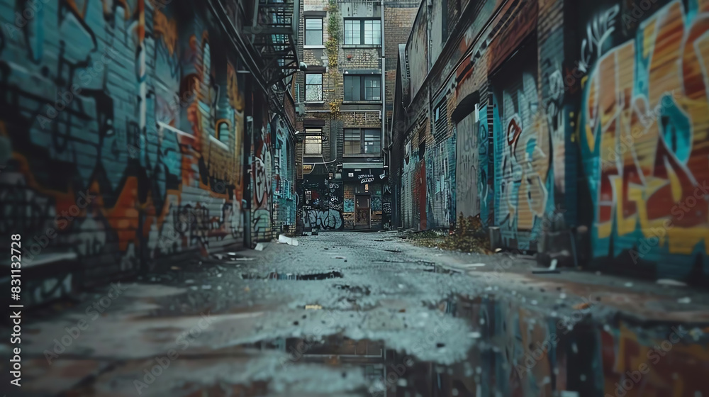 Fototapeta premium Urban alleyway with colorful graffiti on old buildings, puddles on the wet ground reflecting the cityscape.