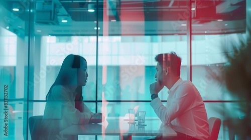 Male and female business people discussing with each other at modern work place : Generative AI