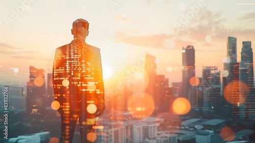 The double exposure image of the business man standing back during sunrise overlay with cityscape image The concept of modern life business city life and internet of things : Generative AI