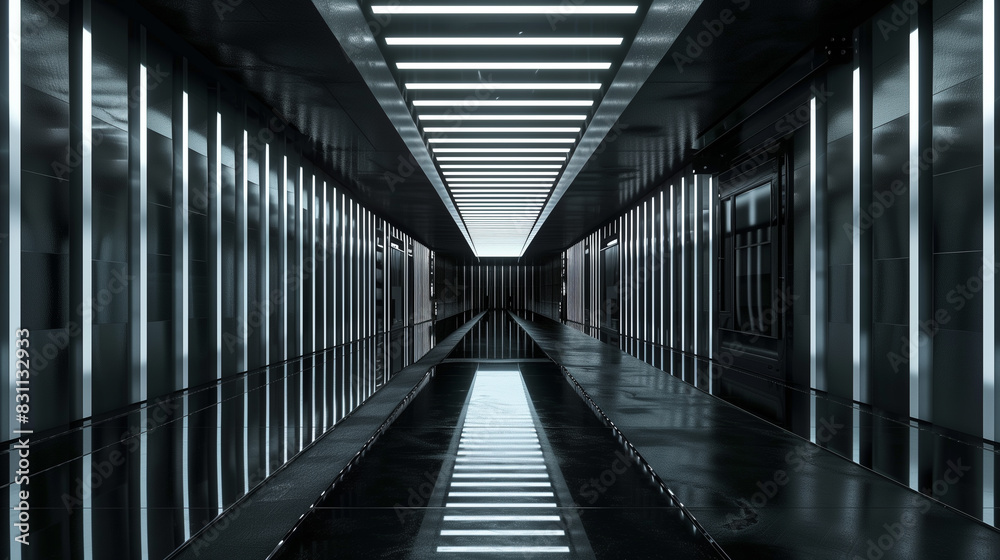Futuristic Corridor with Symmetrical Lighting and Reflections Futuristic Corridor with Symmetrical Lighting and Reflections
