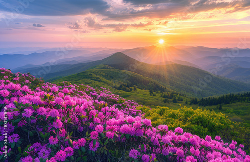 Flowers in a mountains  Sunset view. Created with Ai