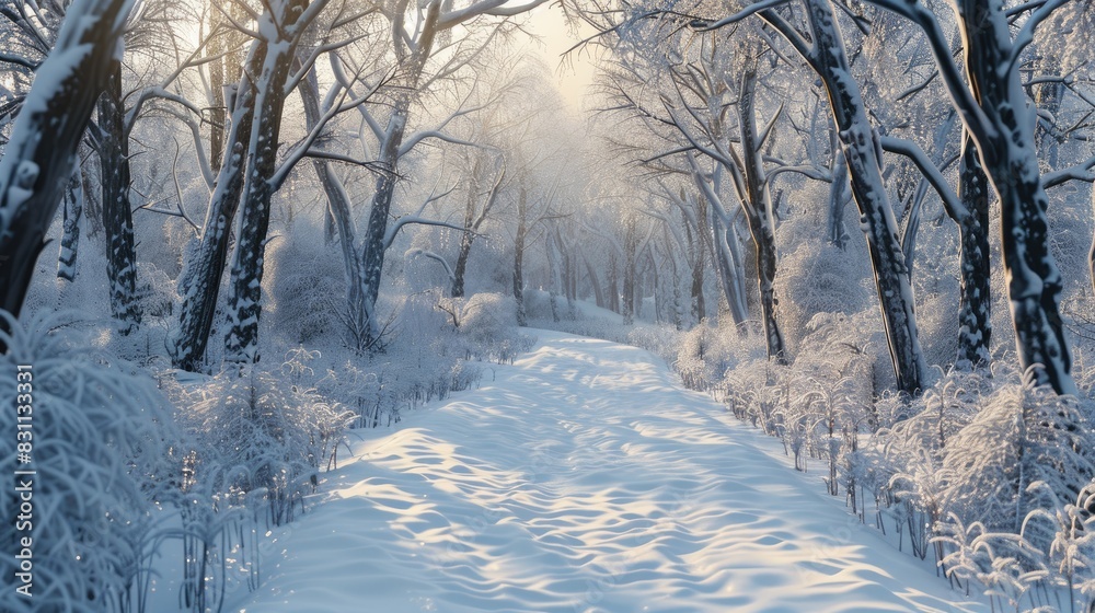 Snowy Forest Path with Cold Temperature and Covered Trees Snowy Forest Path with Cold Temperature and Covered Trees