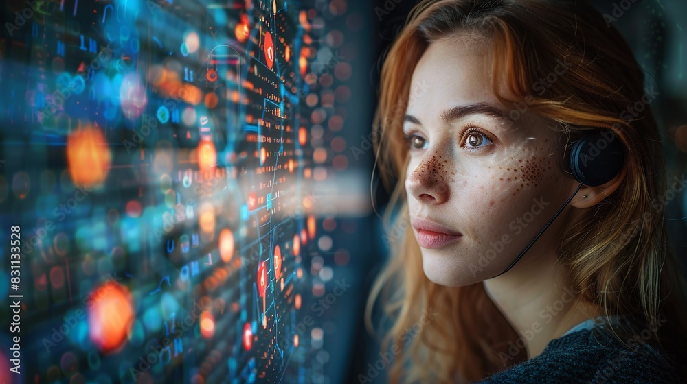A businesswoman on a video call with her figure intertwined with digital networks and quantum code, reflecting the tech-enabled communication. Minimal and Simple style A businesswoman on a video call with her figure intertwined with digital networks and quantum code, reflecting the tech-enabled communication. Minimal and Simple style