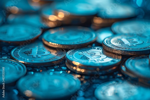 Close-up pile coins bitcoin top