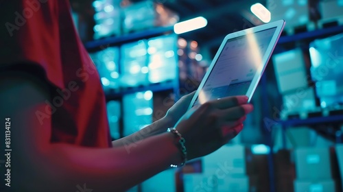 Obraz na płótnie Tablet woman and online stock check with shipping company logistics and e commerce with tech Digital inventory checklist package and supply chain with delivery system and small busines : Generative AI w salonie