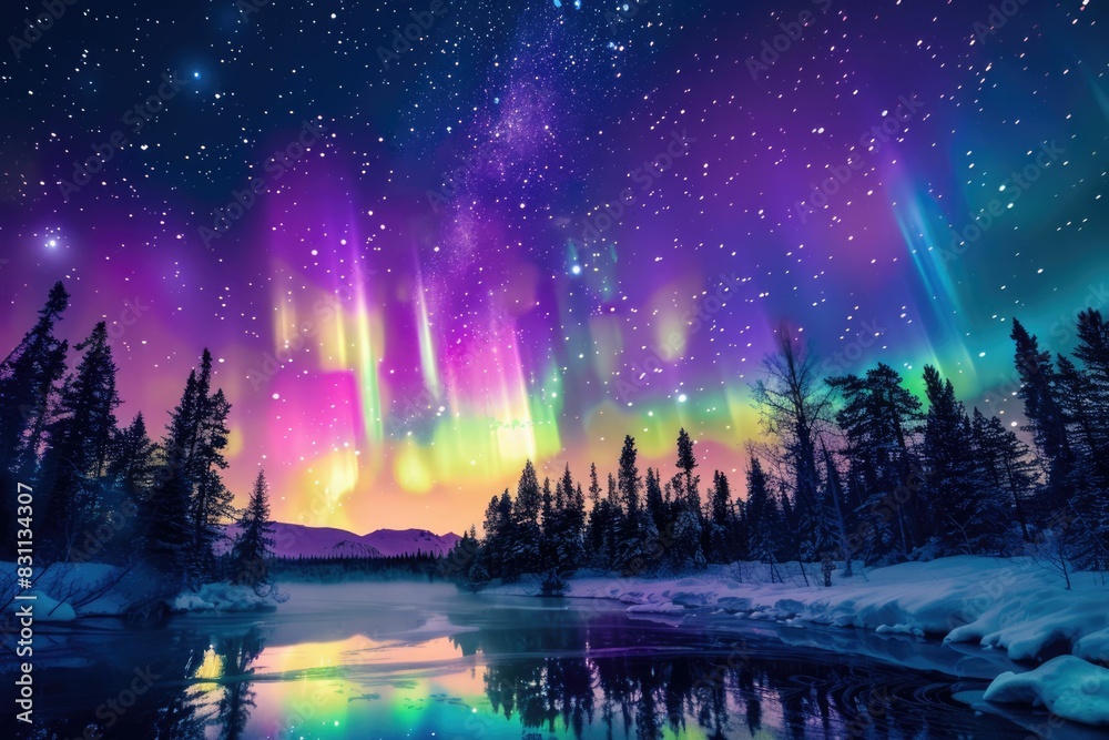 Aurora borealis northern lights with starry glowing in the night sky