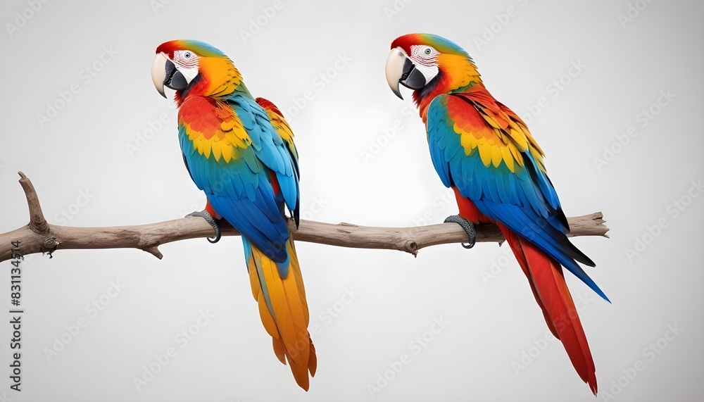 Fototapeta premium A close-up of a colorful macaw perched on a branch, feathers ruffled in the wind.
