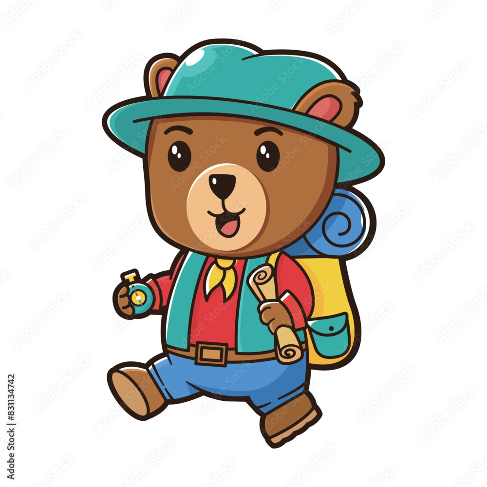 Bear mascot adventure logo, A small, friendly bear wearing a tiny backpack and a hat. The bear can have a map sticking out of the backpack and a compass in hand. Bear mascot adventure logo, A small, friendly bear wearing a tiny backpack and a hat. The bear can have a map sticking out of the backpack and a compass in hand.