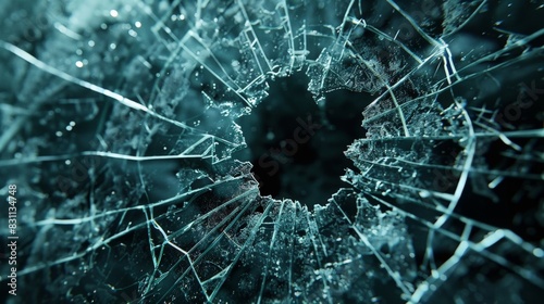 A detailed shot of a complex network of cracks in glass radiating from a hole  set against a dark  mysterious background