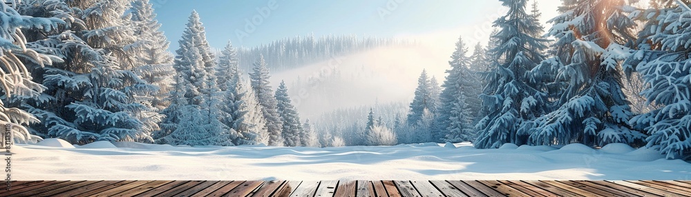 Christmas landscape with snowstrewn wooden flooring, fir trees covered in snow, winter forest, copy space, AI generated, festive and tranquil 8K , high-resolution, ultra HD,up32K HD