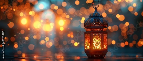 Traditional ornate lantern, soft bokeh of holiday lights, mosque backdrop, warm and festive, AI generated, intricate and serene, Digital Art © ธนากร บัวพรหม