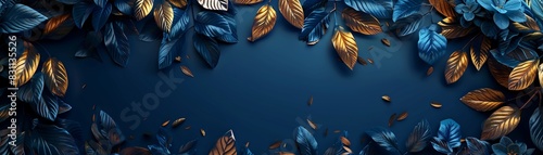 Elegant dark blue textured 3D background, frame with golden, green, and blue tropical leaves, AI generated, luxury design, Digital Illustration 8K , high-resolution, ultra HD,up32K HD photo