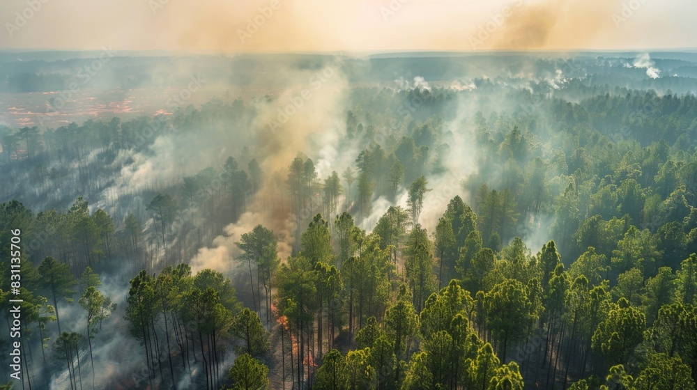 Fototapeta premium Firebreak cutting through a forest, creating a barrier to halt the spread of wildfires and protect adjacent areas