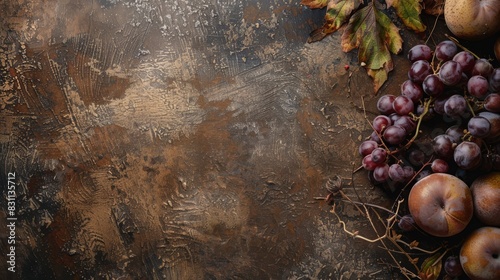 Dark brown rusty background with apples and grapes  food and drink background