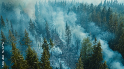Firebreak cutting through a forest, creating a barrier to halt the spread of wildfires and protect adjacent areas photo