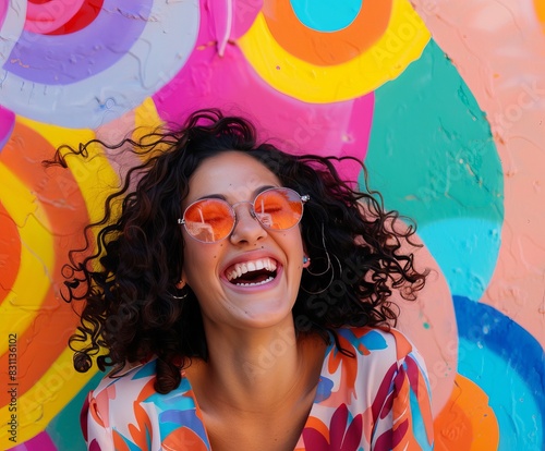 A young woman laughing heartily against a bright, abstract mural, perfect for a beautiful and joyful wallpaper or illustration