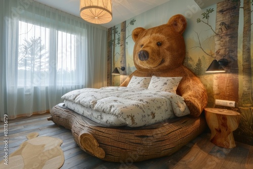 A cozy bear-shaped bed placed in a woodland-themed room, with tree stump bedside tables and forest animal wall decals