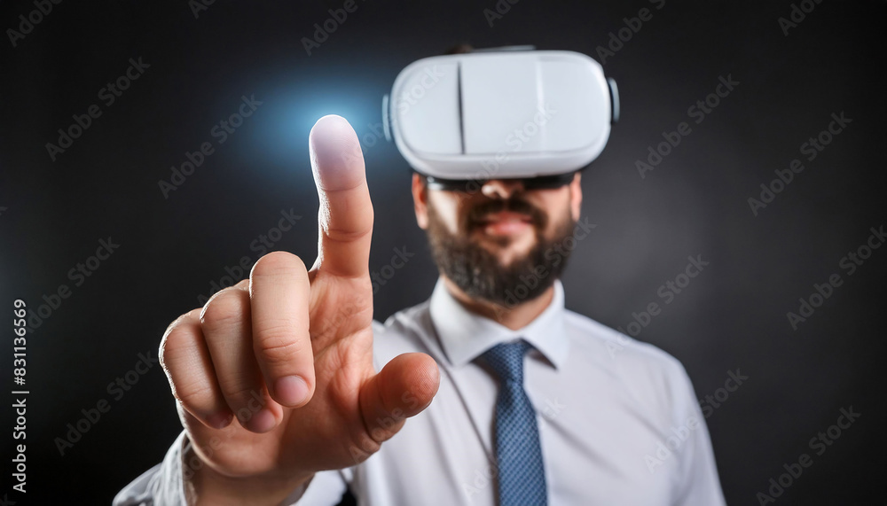 A Man in formal suit, wearing a VR headset, extends their index finger toward the camera interaction with virtual reality technology digital business. A Man in formal suit, wearing a VR headset, extends their index finger toward the camera interaction with virtual reality technology digital business.