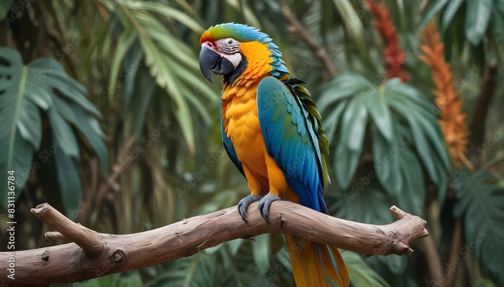 Obraz premium A close-up of a colorful macaw perched on a branch, feathers ruffled in the wind.