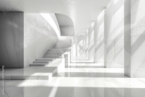 Bright white room with intersecting staircases