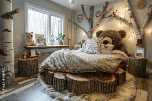 A cozy bear-shaped bed placed in a woodland-themed room, with tree stump bedside tables and forest animal wall decals